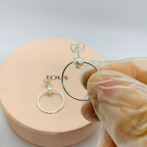 TOUS Earring Silver TOUS Pearl Earrings with Pearl Hoop Earrings Women Jewelry - Picture 7 of 9
